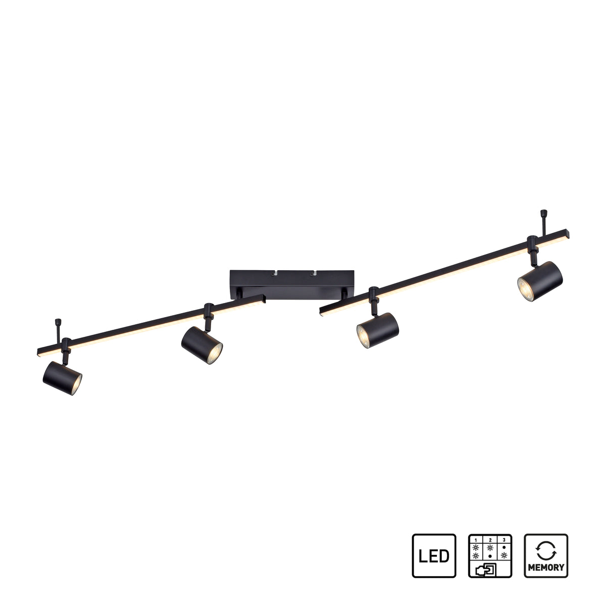 Vue du plafonnier avec icônes LED, variateur de température et fonction mémoire.
