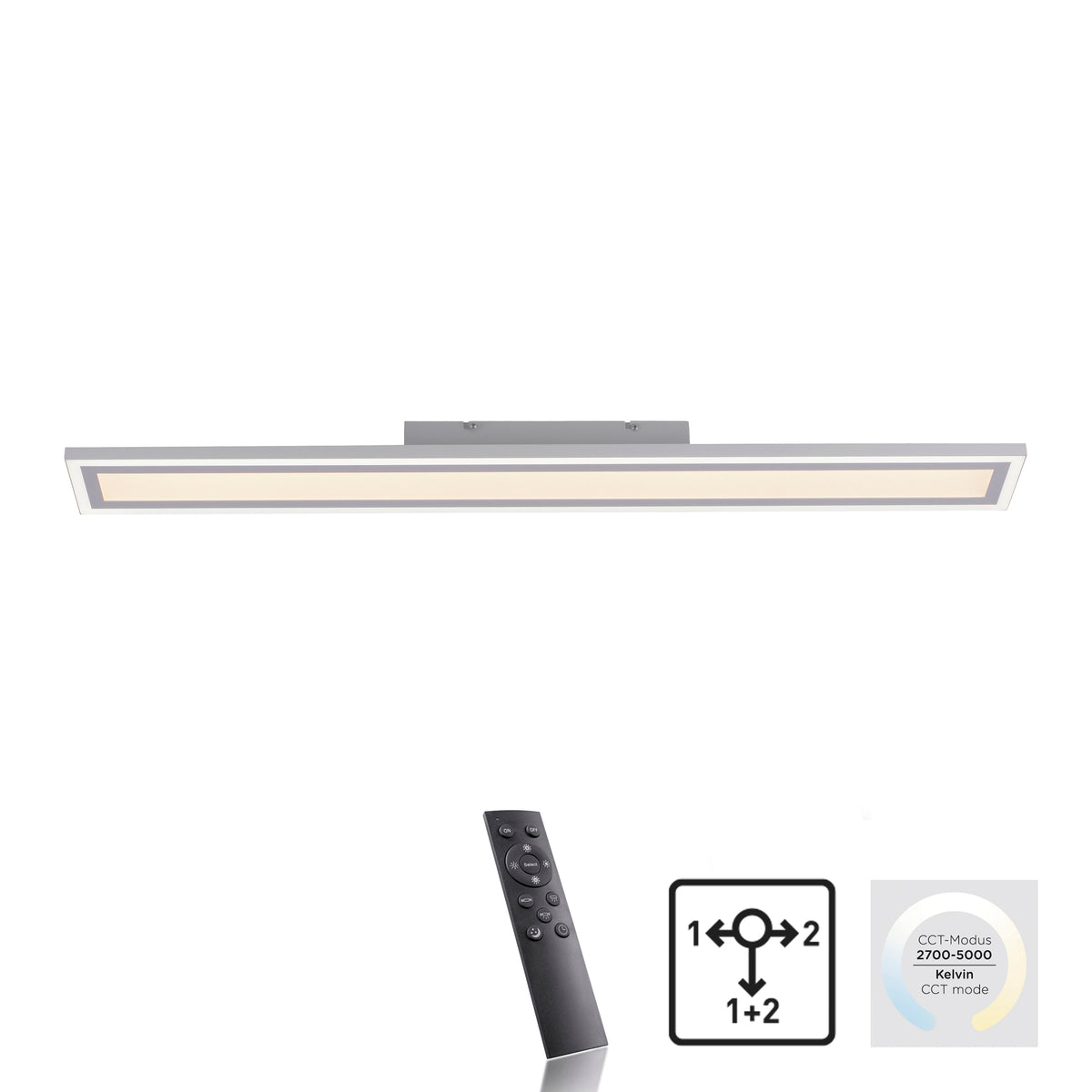 Plafonnier présenté avec télécommande et pictogrammes de réglage CCT et variateur.