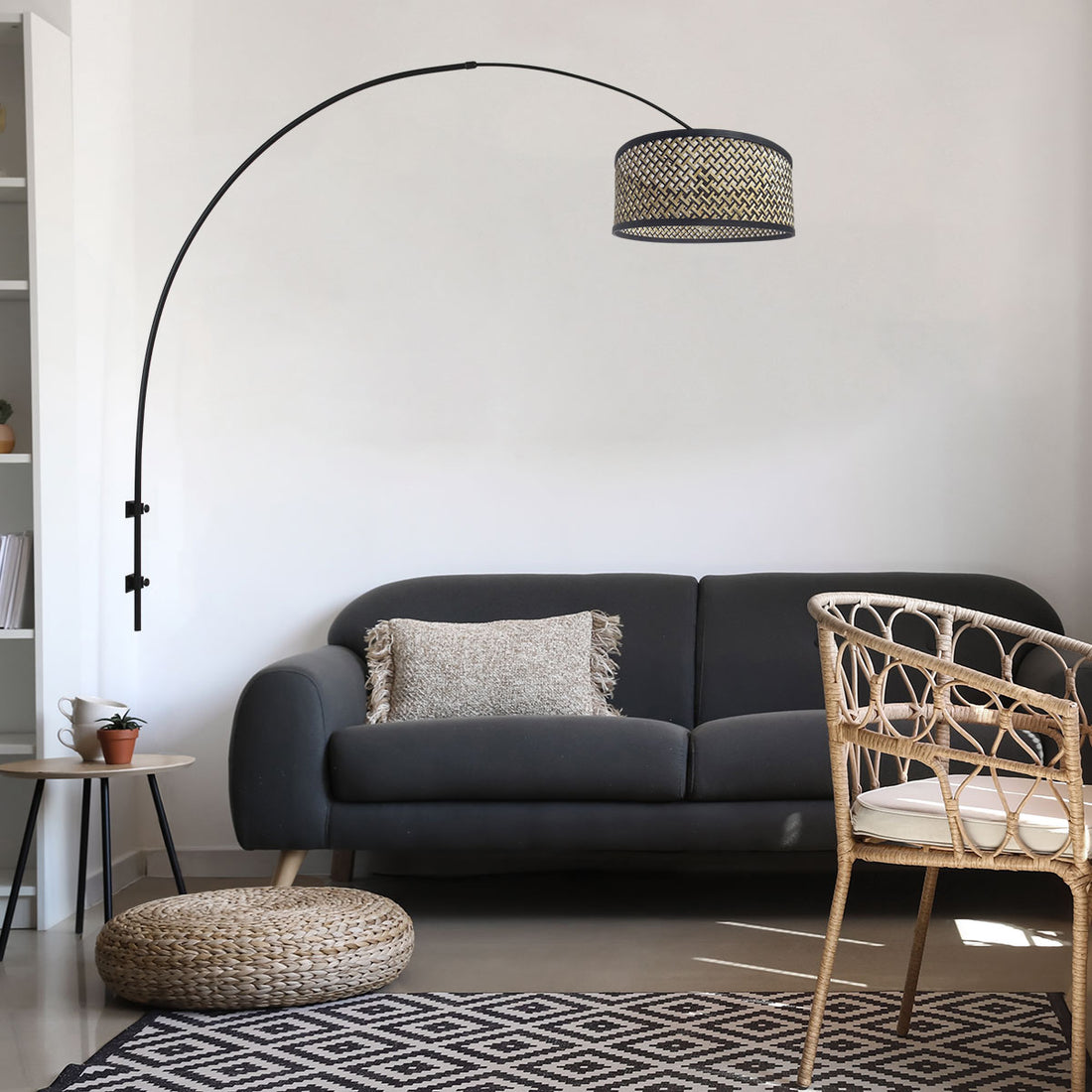 Adjustable arched wall lamp, black & beige woven bamboo lampshade | Sparkled