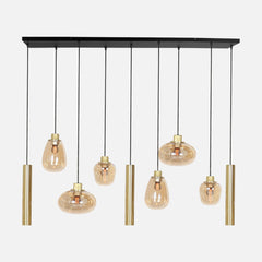 Brass and amber glass dining room pendant light, 9-light bar | Reflexa