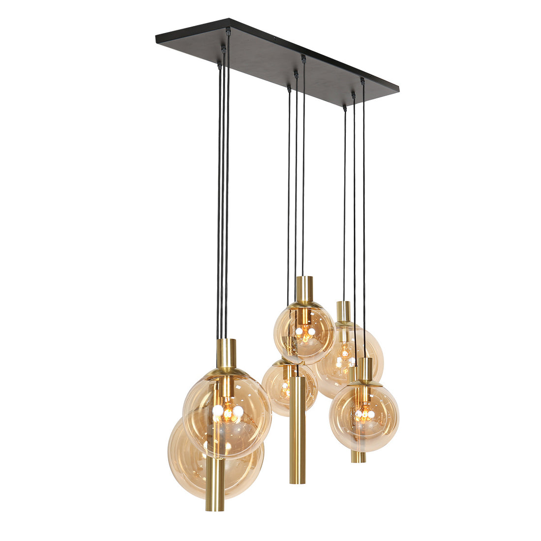 Brass and amber glass pendant light, 9-light bar, dining room | Bollique