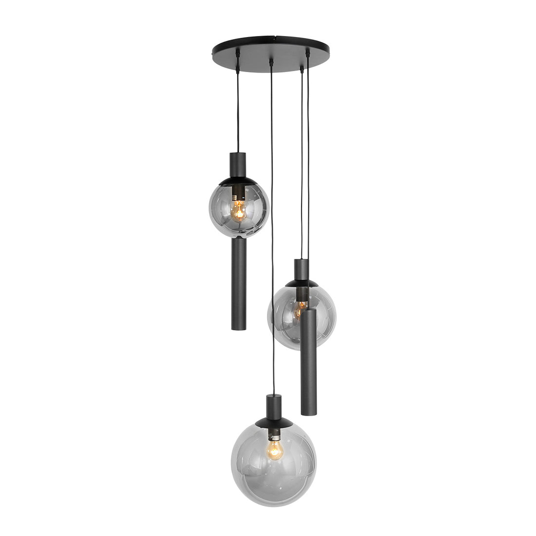 Smoked glass staircase pendant light, 3 globes + 2 spotlights, adjustable height | Bollique