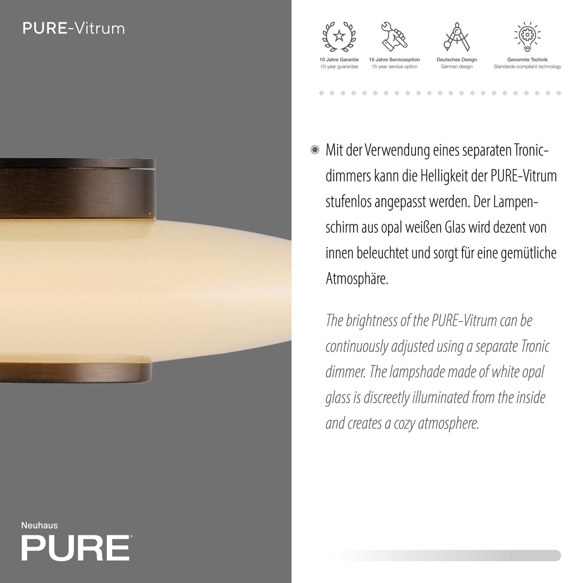 Gros plan sur le luminaire avec mention de garantie et caractéristiques, verre opalin.
