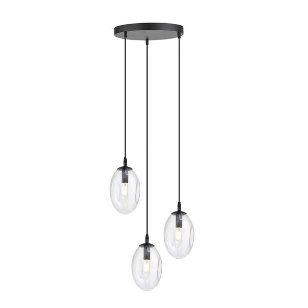 Astral 3-light pendant, black, clear glass