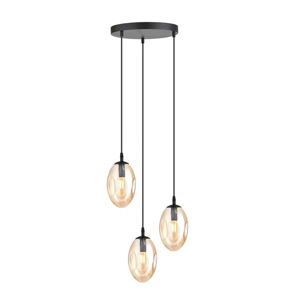 Astral 3-light pendant, black, amber glass