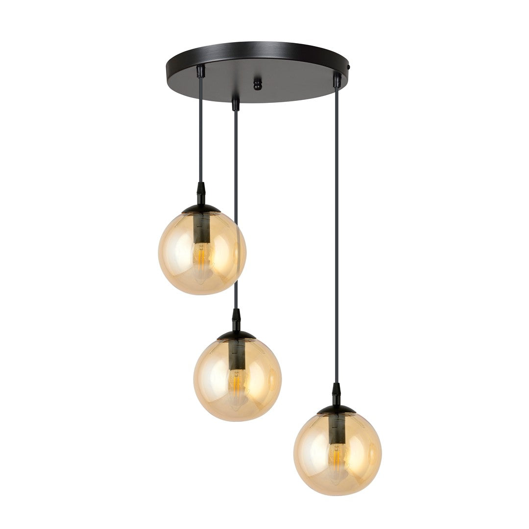 Cosmo 3-light pendant, black, amber glass, Premium