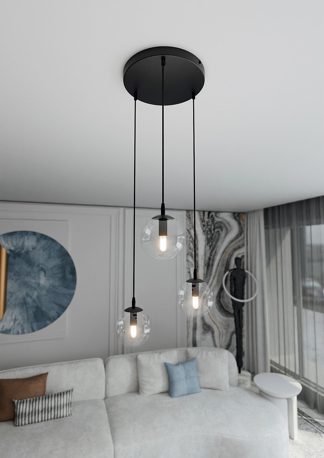 Cosmo 3-light pendant, black, transparent glass, Premium