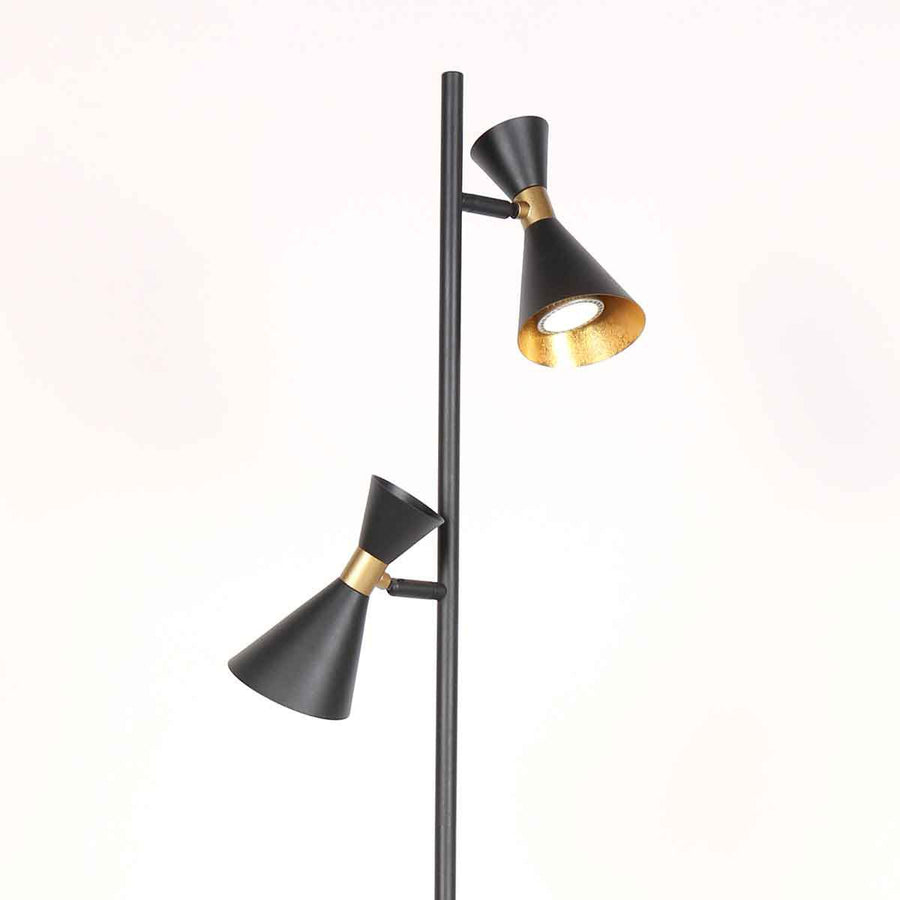 Lampadaire gu10 noir à 2 spots orientables, abat-jour diabolo & laiton | Preto