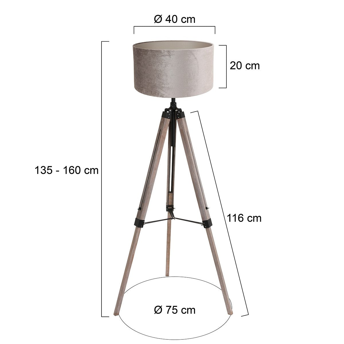 Schéma coté du lampadaire : hauteur réglable, diamètre de l'abat-jour et encombrement au sol.