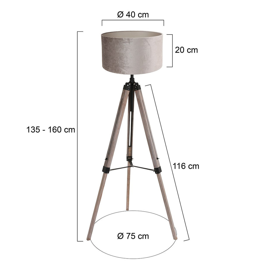 Schéma coté du lampadaire : hauteur réglable, diamètre de l'abat-jour et encombrement au sol.