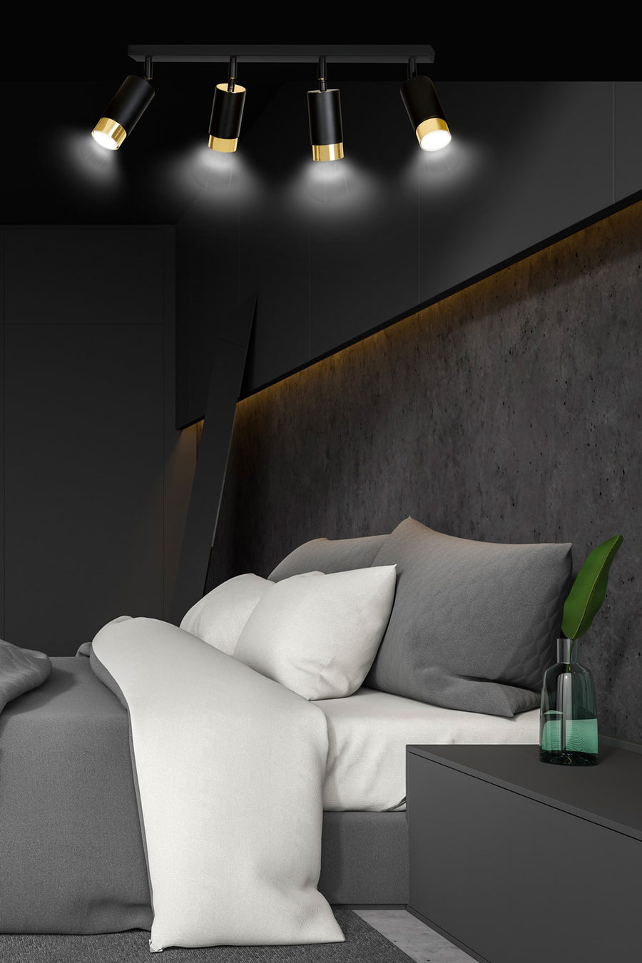 Mise en scène chambre à coucher, spots allumés au plafond au-dessus du lit