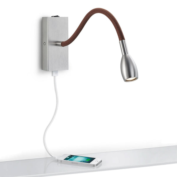 Applique murale LED Milos en métal, nickel mat et brun, hauteur 12,6 cm