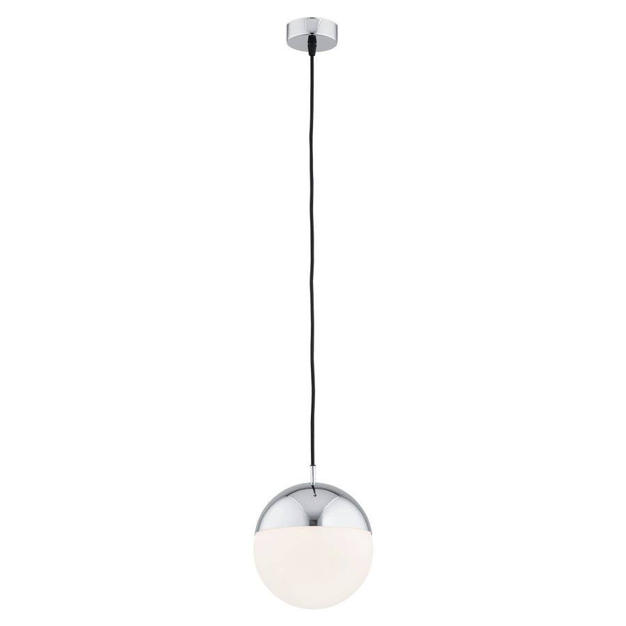 Version chromée du même luminaire suspendu, sphère blanche et finition argentée
