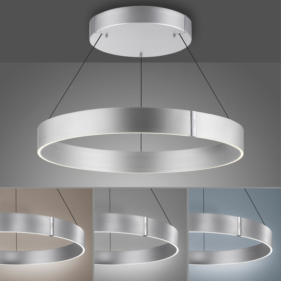 Vues multiples du luminaire allumé en blanc chaud, neutre puis froid