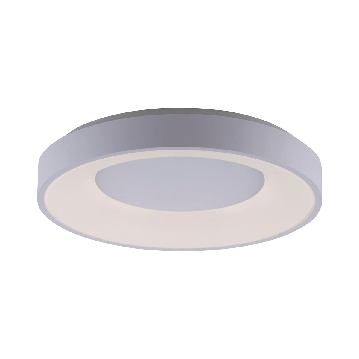 Vue de face du plafonnier blanc sur fond blanc, forme circulaire plate