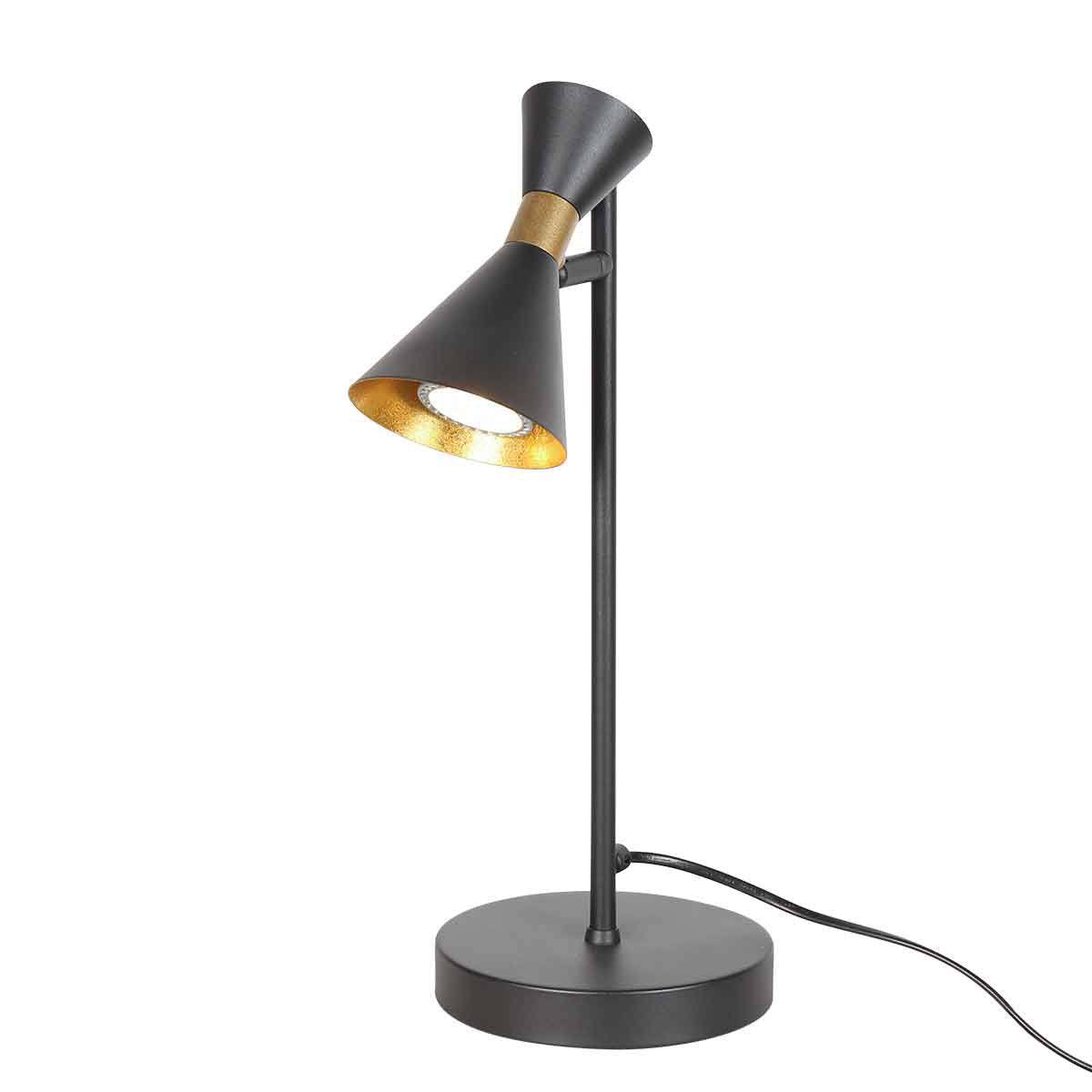 Lampe à poser noire Preto vue de profil, spot GU10 orientable et col laiton