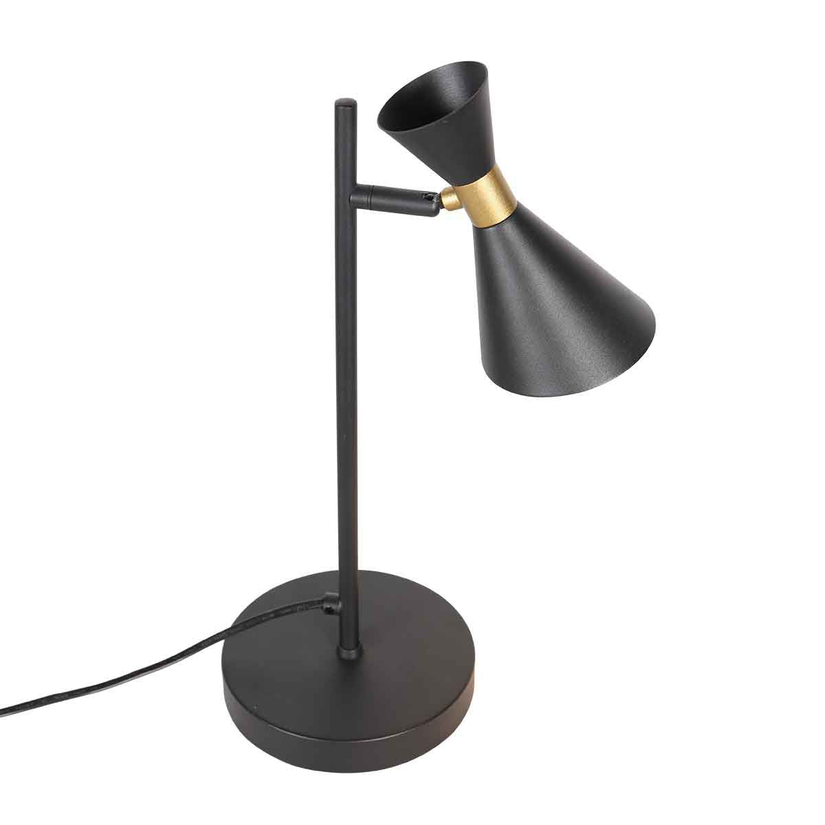 Lampe à poser gu10 noire Preto vue de trois-quarts arrière, base ronde métal