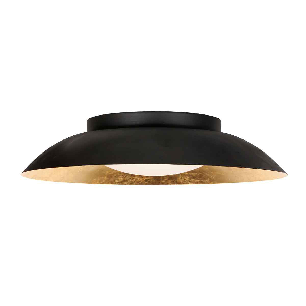 Vue de profil du luminaire noir, soulignant la forme bombée et la finition dorée.