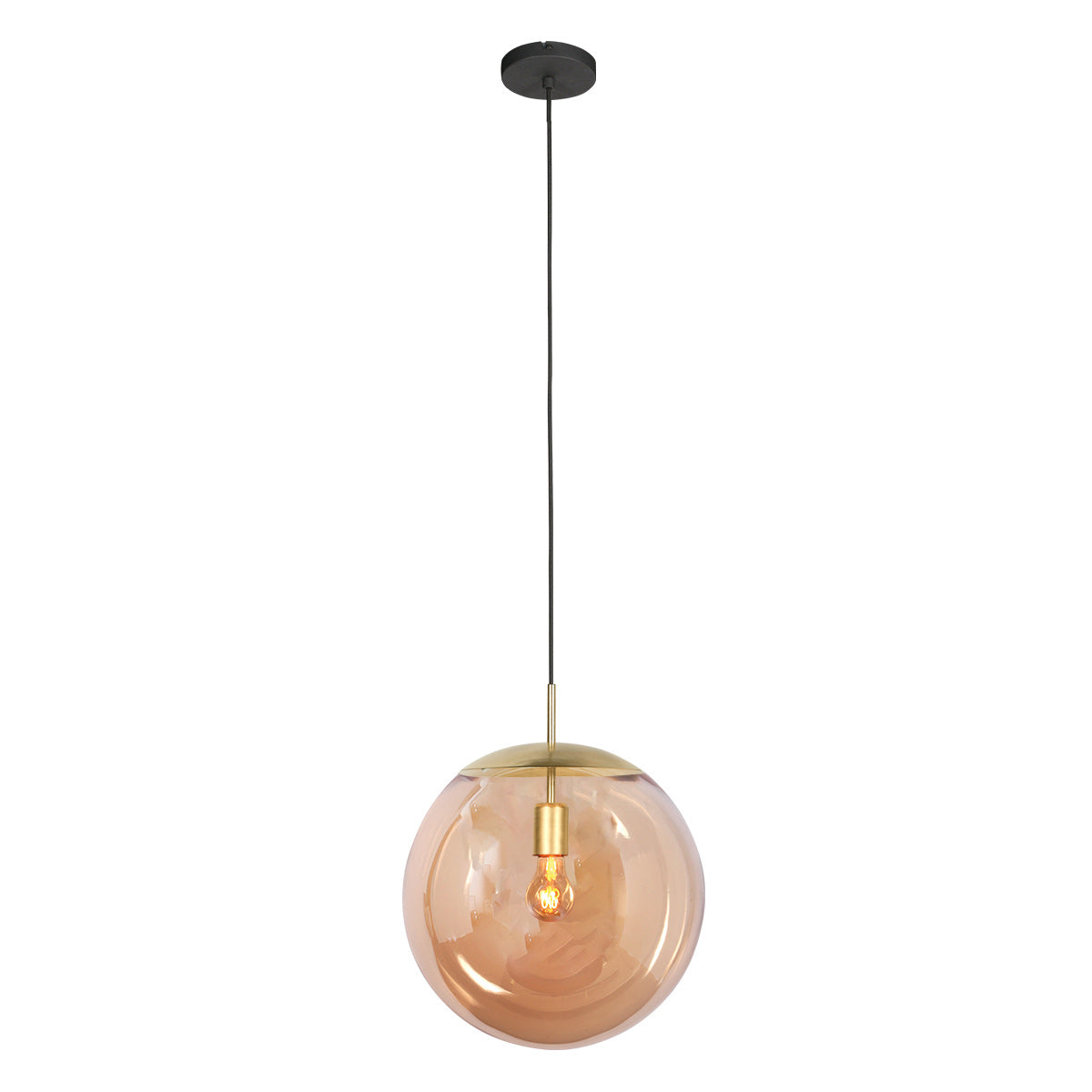 Suspension globe en verre ambré Bollique vue de profil, embase dorée