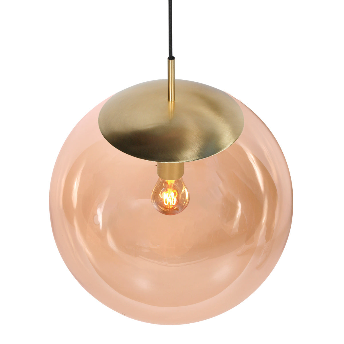 Suspension globe doré Bollique, globe en verre ambré et embase dorée