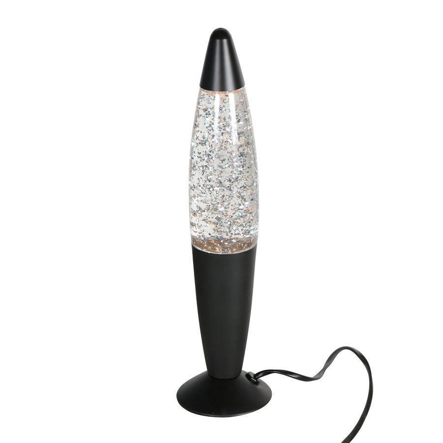 Vue de trois quarts de la lampe avec son câble d'alimentation noir sur fond blanc.