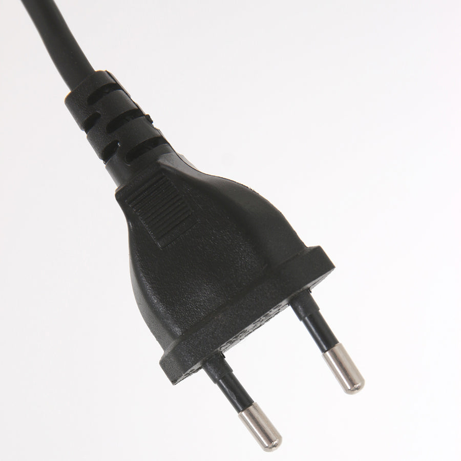 Gros plan sur la fiche électrique noire à deux broches du luminaire.