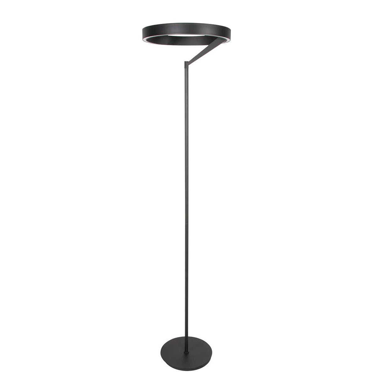 Vue de trois quarts du lampadaire, anneau suspendu au-dessus de la tige fine