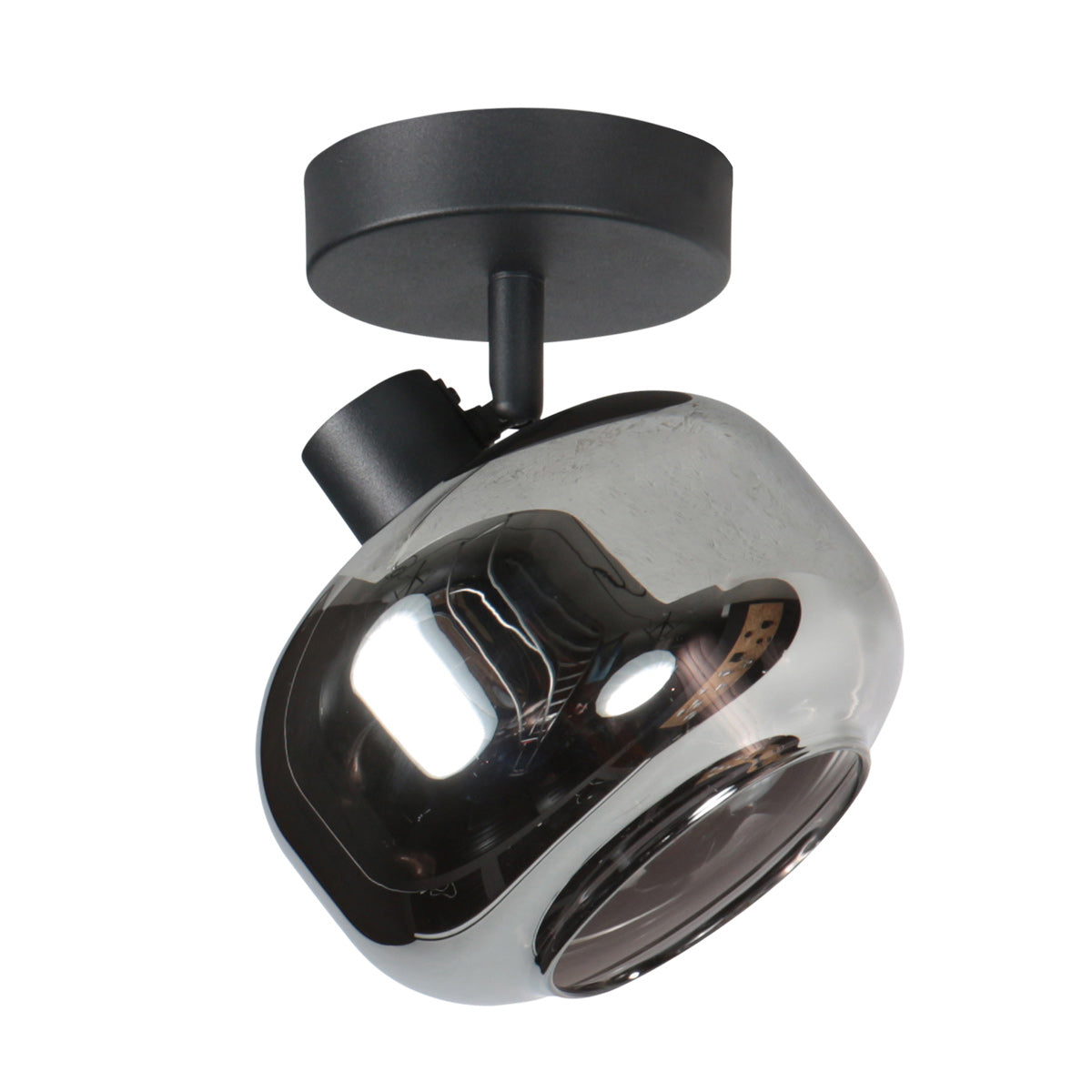 Spot plafond vu de dessous, reflets sur le verre fumé transparent