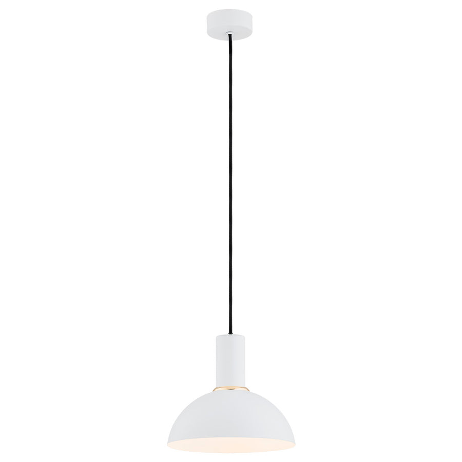 Suspension blanche à abat-jour demi-sphérique, présentée de face sur fond neutre.