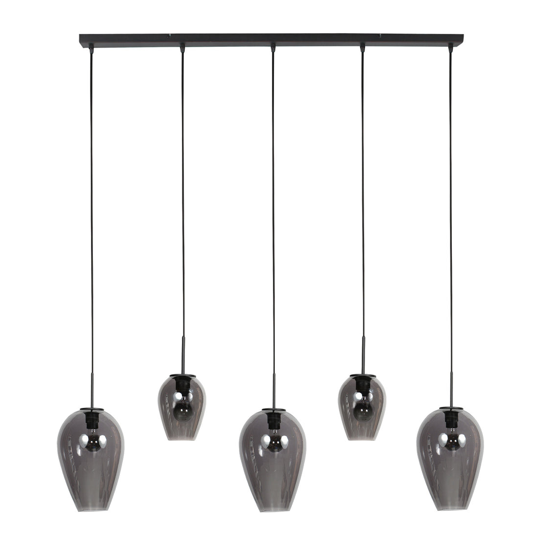 Black smoked glass linear pendant light, 5 globes Ø 15 cm | HaloSwap