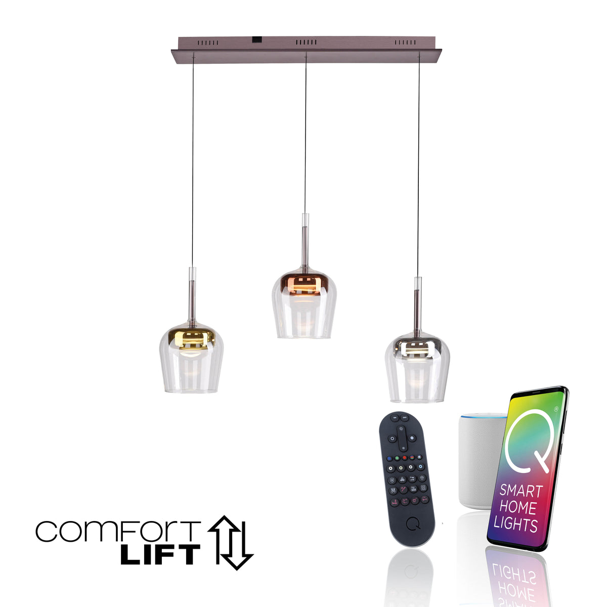 Visuel produit avec télécommande, smartphone et enceinte pour pilotage domotique du luminaire