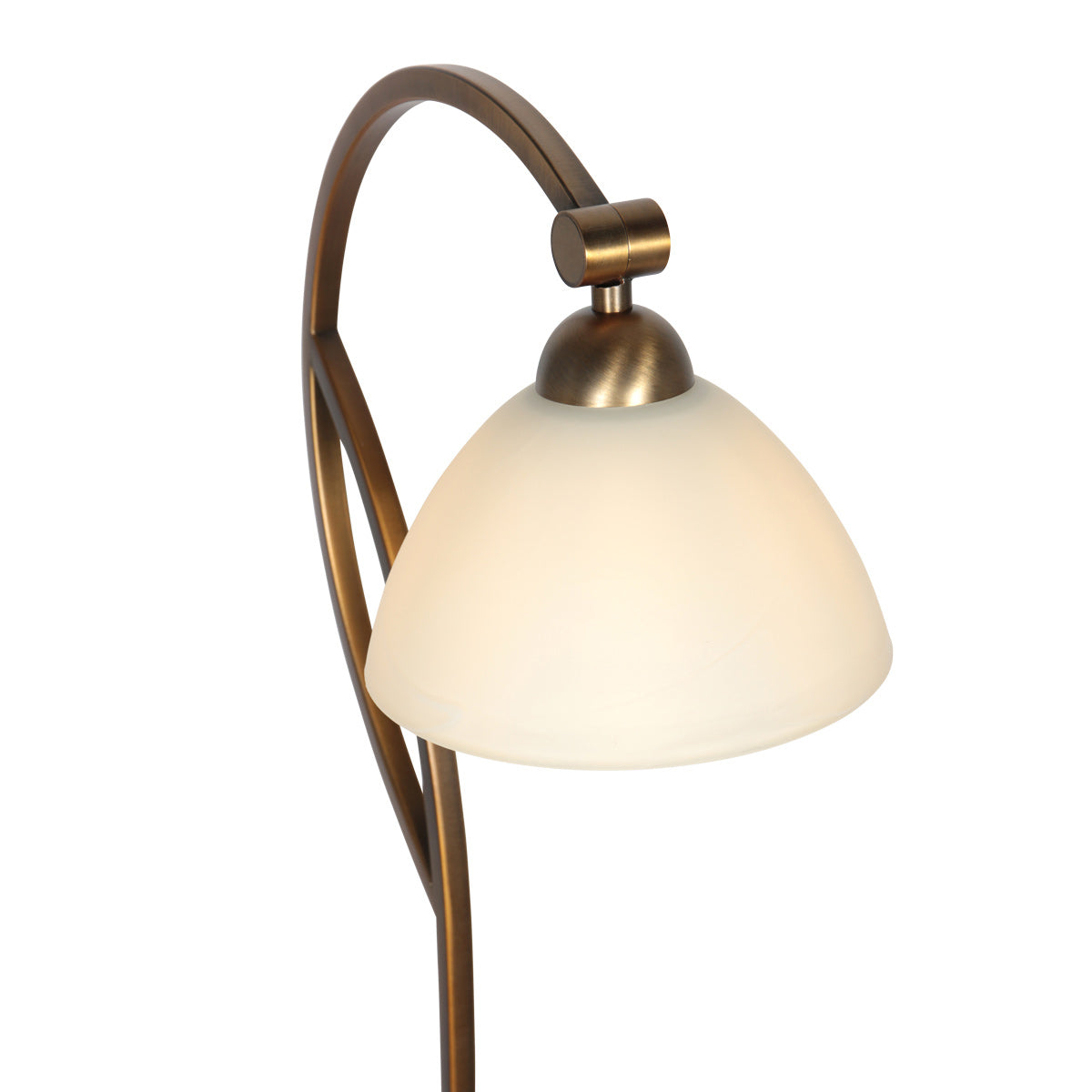 Détail rapproché de l'abat-jour en verre opalin effet marbre et de sa fixation bronze.