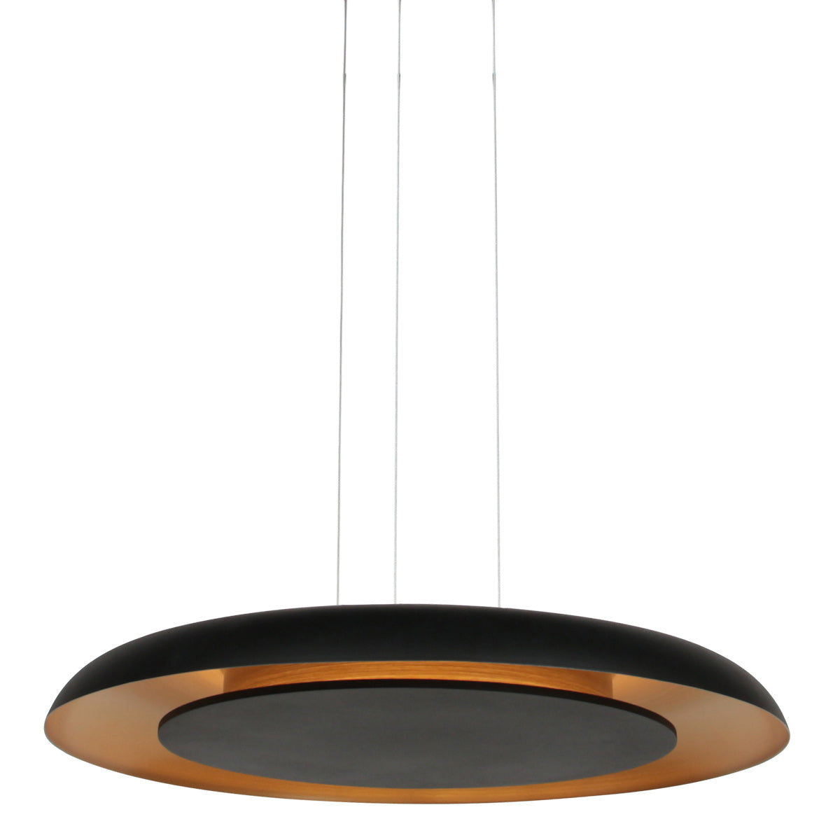 Suspension led noire à intérieur doré de trois quarts, disque Ø 60 cm Golden Veil Steinhauer