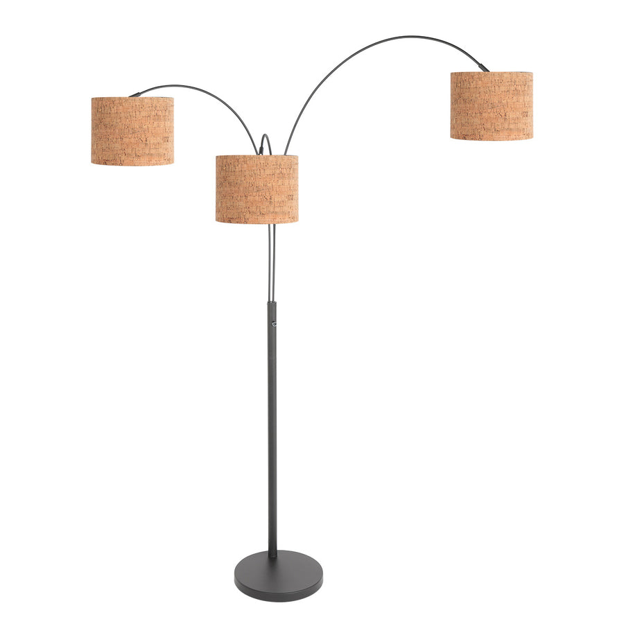 Lampadaire aux trois bras déployés, abat-jour en liège et tige métal anthracite