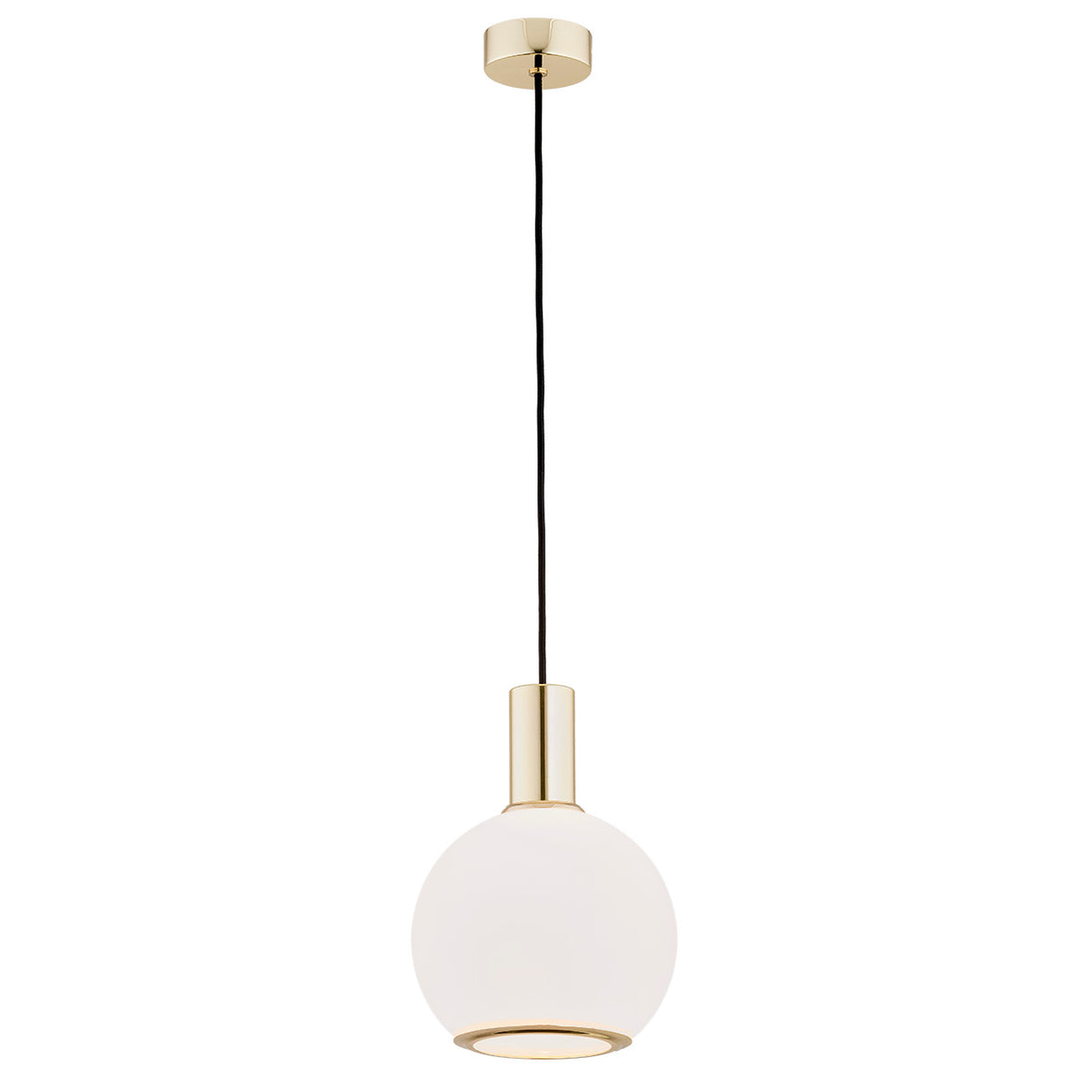 Suspension à globe sphérique en verre blanc et détails dorés, présentée de face