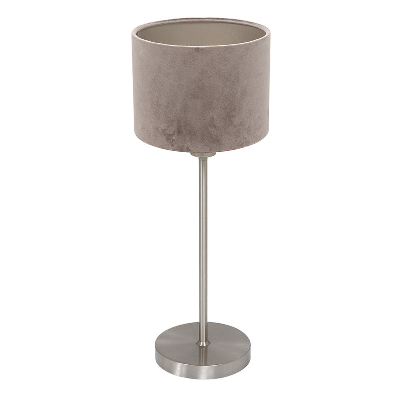 Noor 4412ST table lamp – in brushed steel with a taupe velvet lampshade