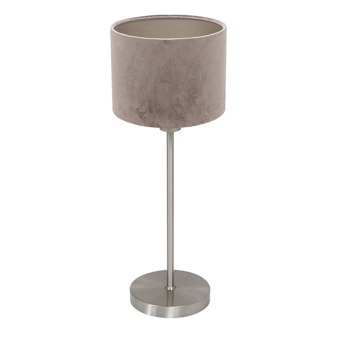 Noor 4412ST table lamp – in brushed steel with a taupe velvet lampshade
