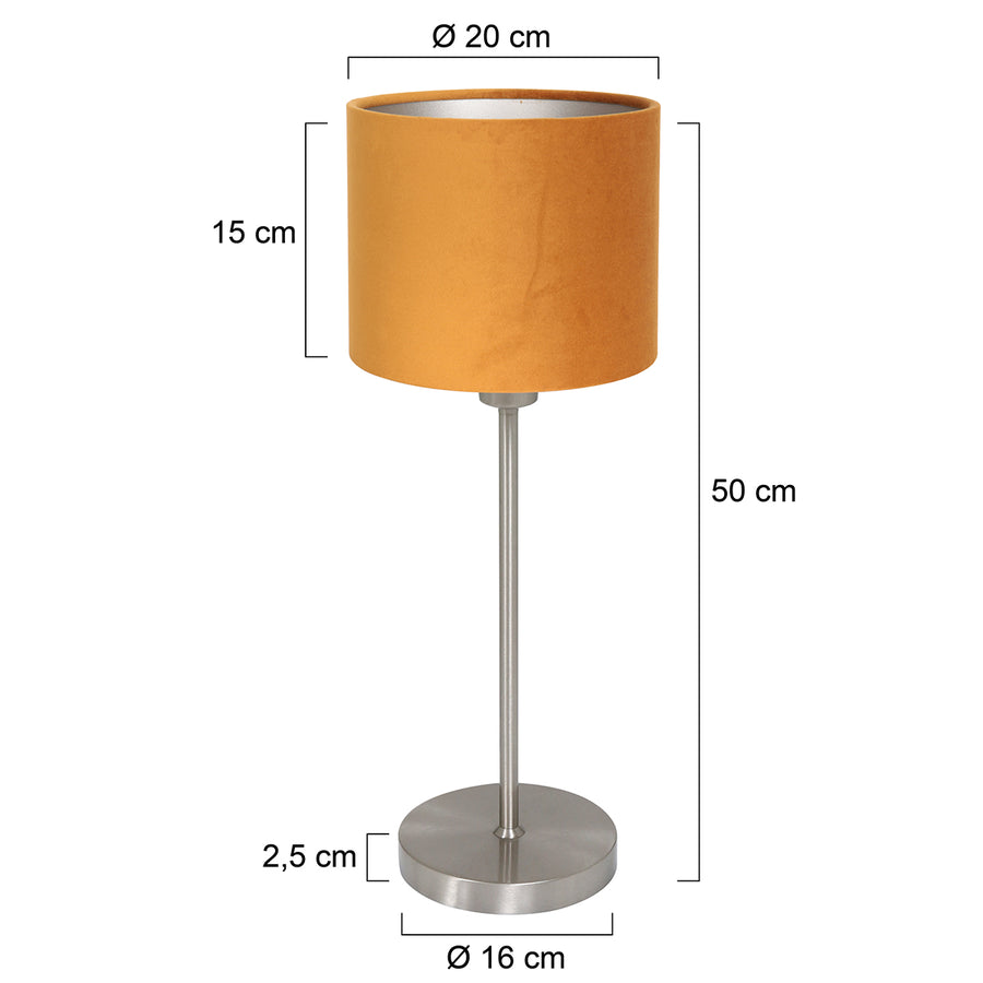 Noor 4413ST table lamp – brushed steel with gold velvet lampshade