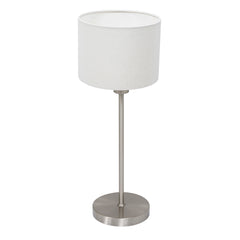 Noor 4414ST table lamp – in brushed steel with a white linen lampshade