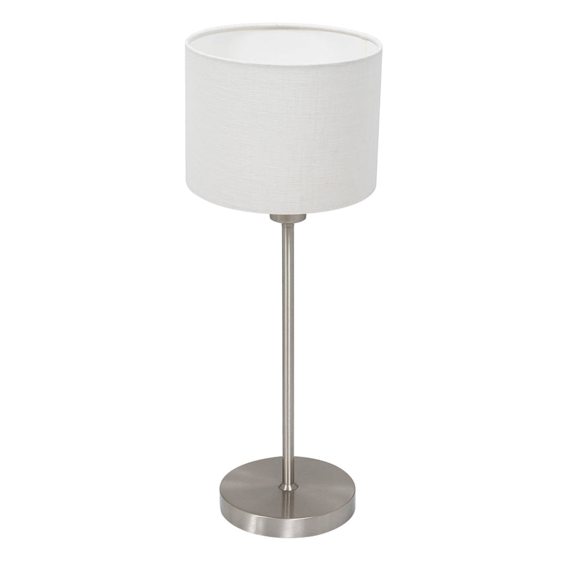 Noor 4414ST table lamp – in brushed steel with a white linen lampshade