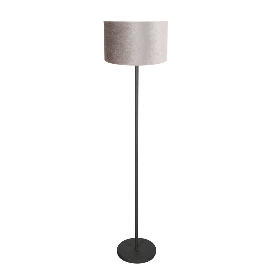Noor 4441ZW floor lamp – matte black with grey velvet lampshade