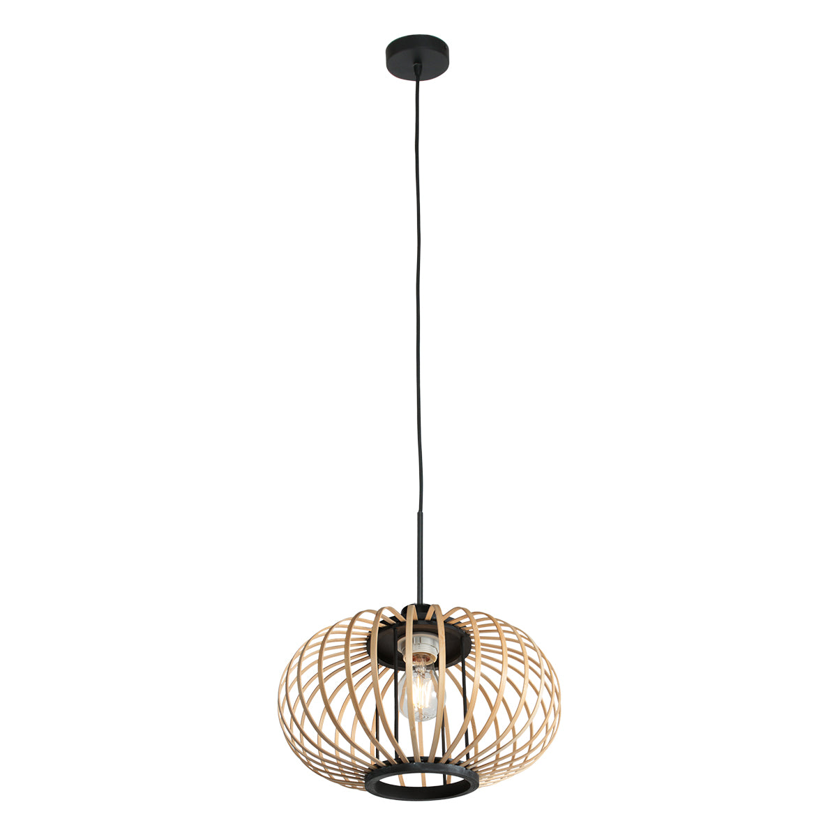Suspension bambou Kubu suspendue, boule ajourée en lattes de bambou naturel et douille E27 noire