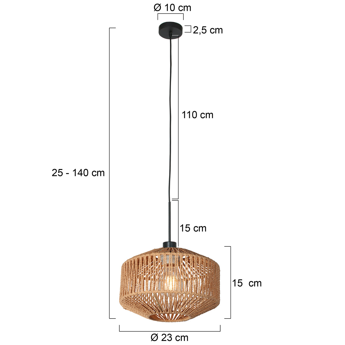 Dimensions de la suspension corde Séram : abat-jour Ø 23 cm, hauteur réglable 25-140 cm