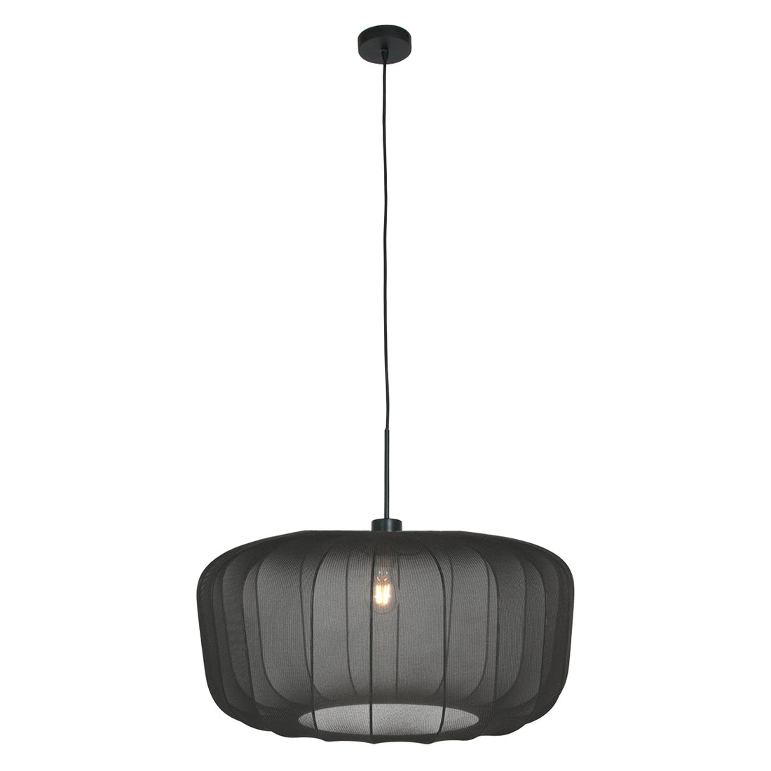 Black drum pendant light with voile, domed lampshade Ø 60 cm | Vellum