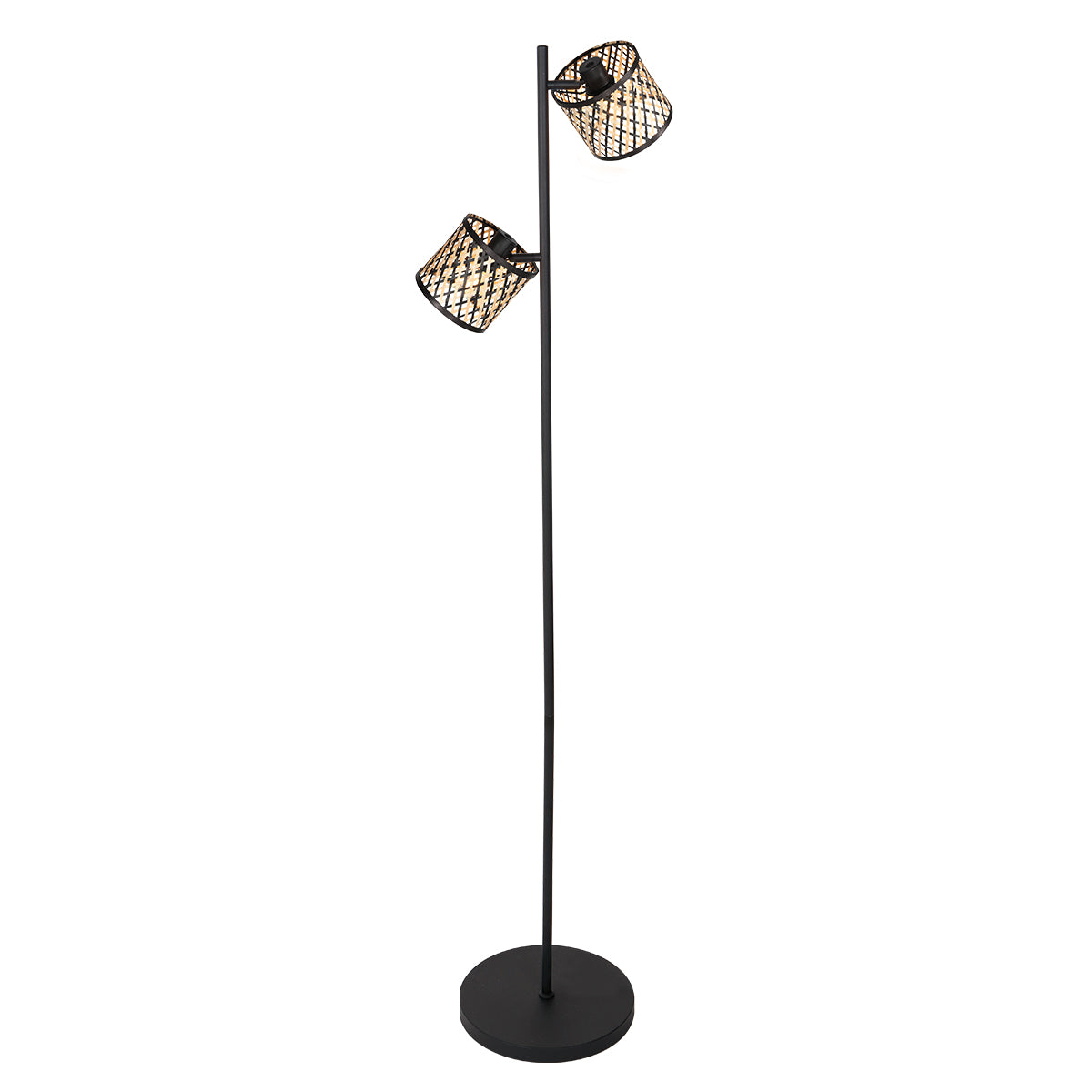 Lampadaire bambus noir à 2 spots orientables, tige et base rondes