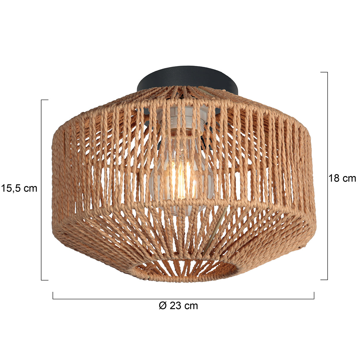 Dimensions du plafonnier corde Filéa : abat-jour Ø 23 cm, hauteur totale 18 cm