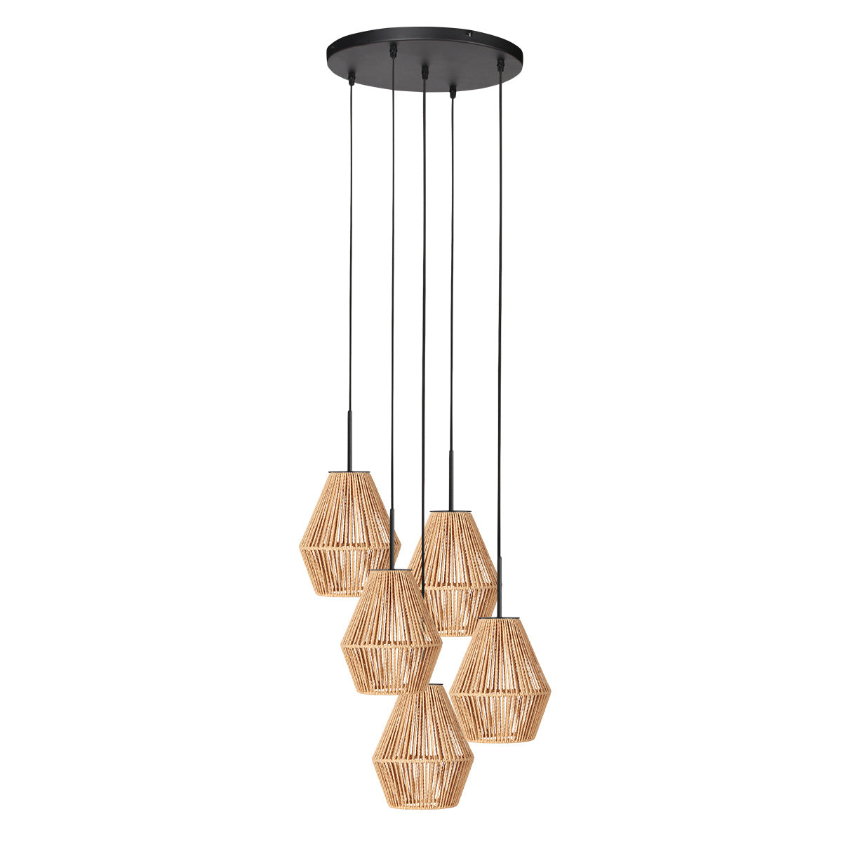 Grappe de 5 abat-jours corde diabolo suspendus, packshot de la suspension Flores