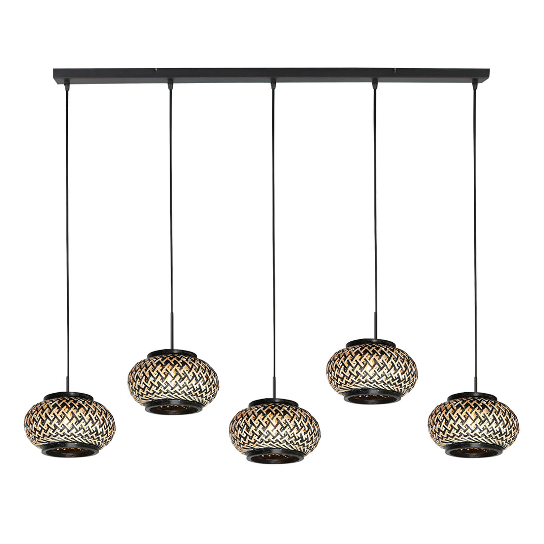5-light bamboo pendant light, 110 cm bar & woven lampshades | Lombok
