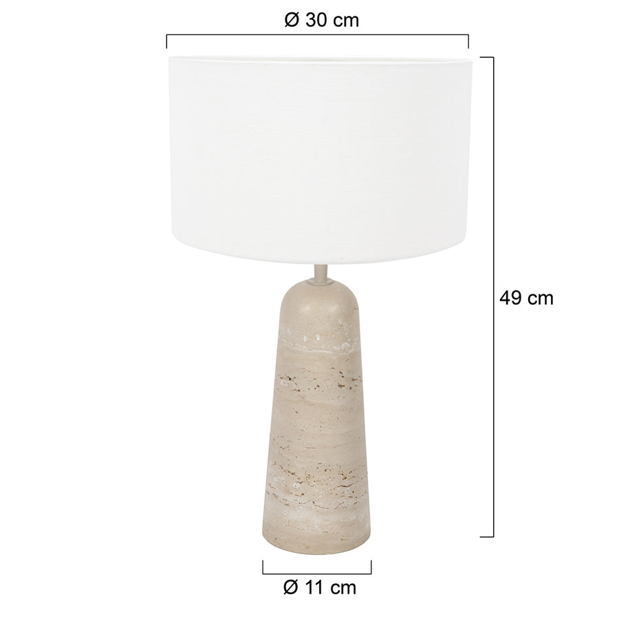 Dimensions de la lampe de chevet travertin Travino : hauteur 49 cm, base Ø 11 cm