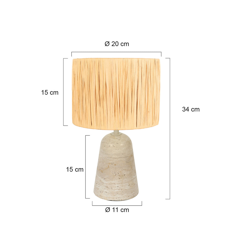 Dimensions de la lampe à poser travertin : hauteur 34 cm, abat-jour Ø 20 cm, base Ø 11 cm